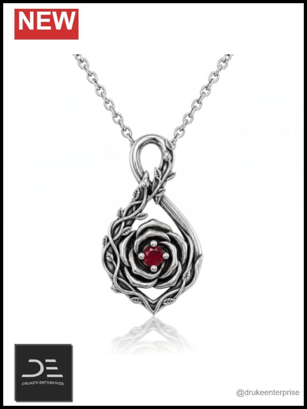 S925 Sterling Silver Gothic Rose Necklace Red Gemstone Pendant